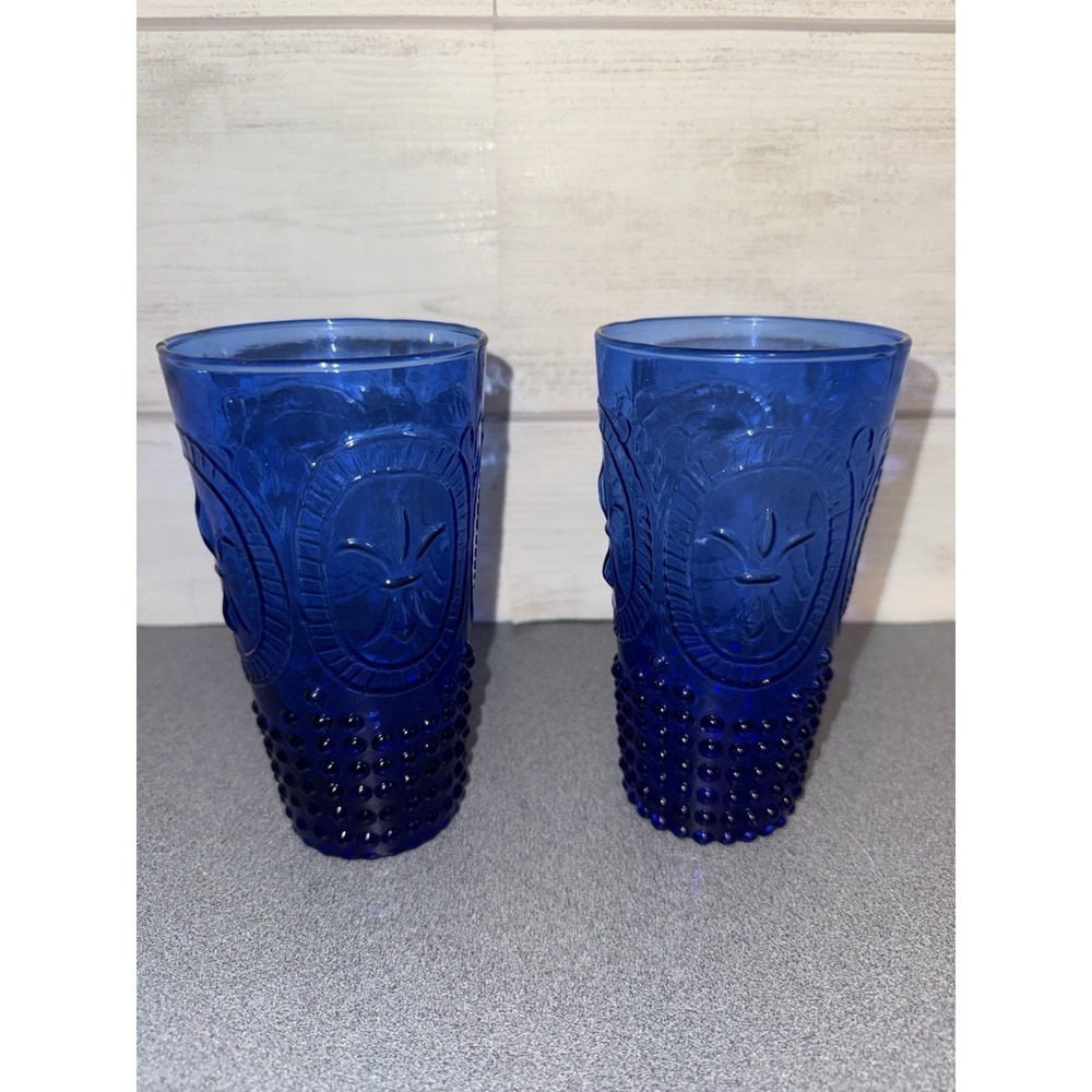 Vintage Set Of 2 Cobalt Blue FLEUR DE LIS Hobnail Glass Embossed Pressed MCM